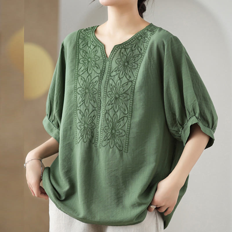 Buddha Stones Flower Embroidery Design Half Sleeve Cotton