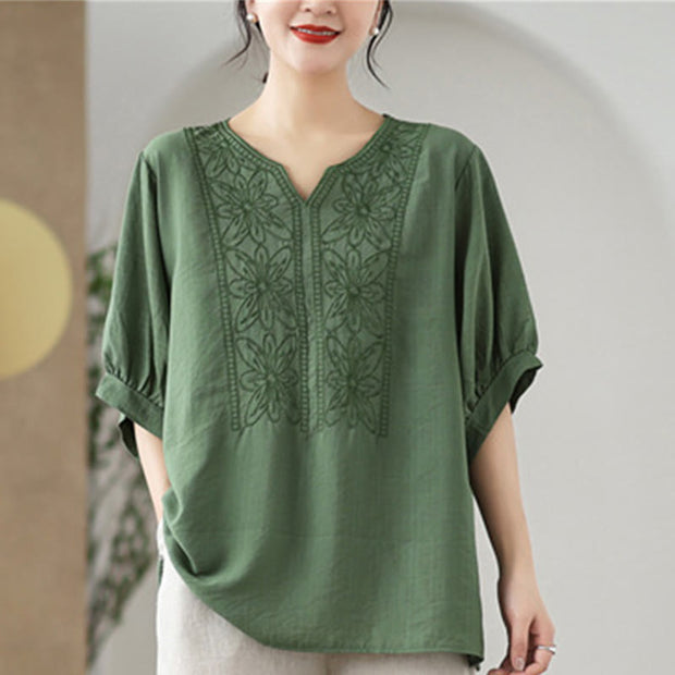 Buddha Stones Flower Embroidery Design Half Sleeve Cotton Linen T-shirt Tee