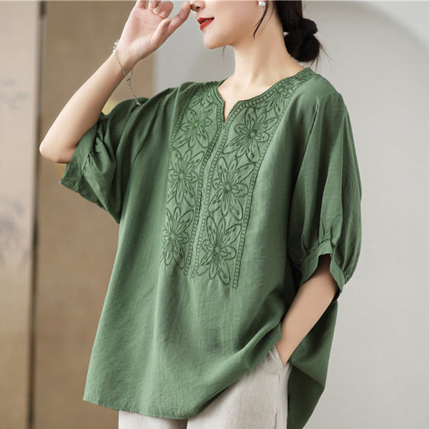 Buddha Stones Flower Embroidery Design Half Sleeve Cotton Linen T-shirt Tee Women's T-Shirts BS 3