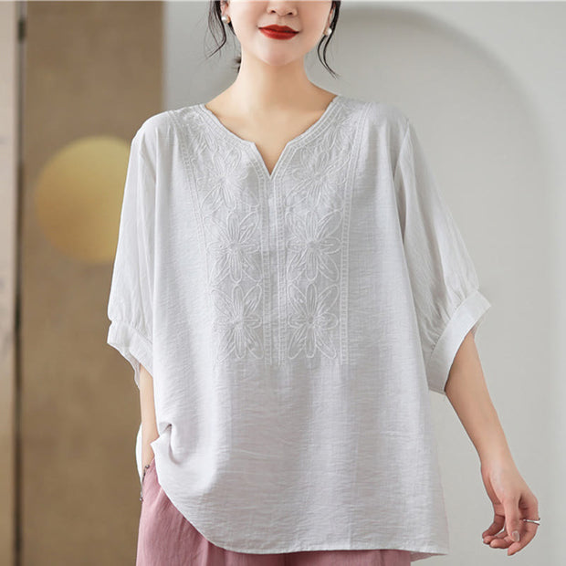 Buddha Stones Flower Embroidery Design Half Sleeve Cotton Linen T-shirt Tee Women's T-Shirts BS White F(Fit for US4-6; UK/AU8-10; EU36-38)