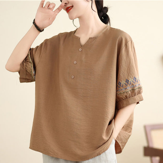 Buddha Stones Vintage Half Sleeve Embroidery Design Cotton Linen T-shirt Tee Women's T-Shirts BS 10