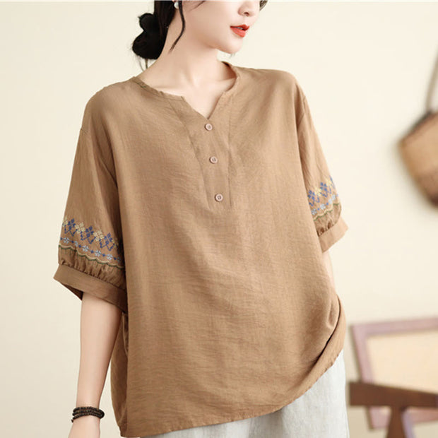 Buddha Stones Vintage Half Sleeve Embroidery Design Cotton Linen T-shirt Tee Women's T-Shirts BS 9