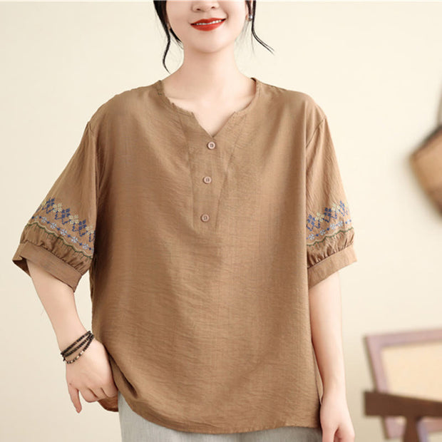 Buddha Stones Vintage Half Sleeve Embroidery Design Cotton Linen T-shirt Tee Women's T-Shirts BS 11