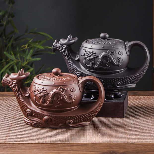 Buddha Stones Vintage Dragon Auspicious Clouds Purple Clay Ceramic Teapot