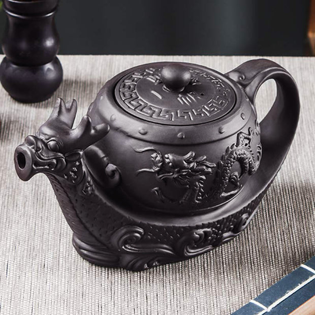 Buddha Stones Vintage Dragon Auspicious Clouds Purple Clay Ceramic Teapot