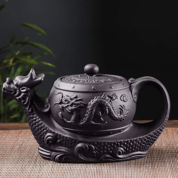 Buddha Stones Vintage Dragon Auspicious Clouds Purple Clay Ceramic Teapot