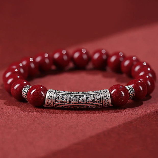 Buddha Stones Cinnabar 999 Sterling Silver Six True Words Blessing Bracelet