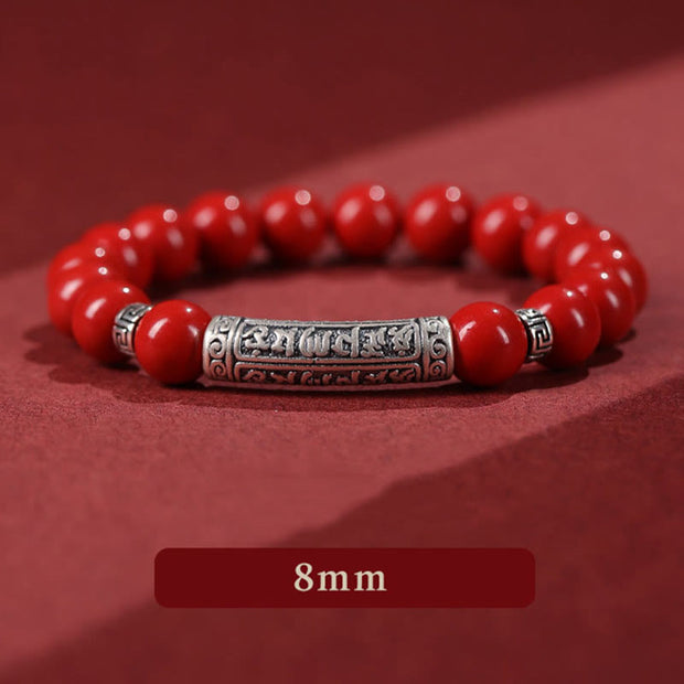 Buddha Stones Cinnabar 999 Sterling Silver Six True Words Blessing Bracelet