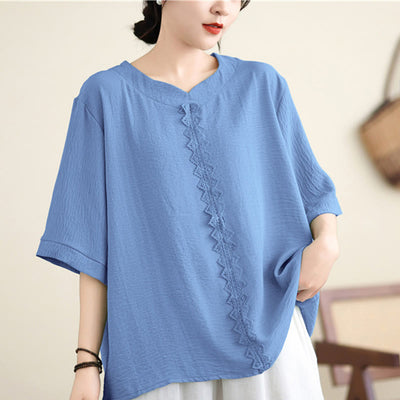 Buddha Stones V-Neck Half Sleeve Lace Trim Design Cotton Linen T-shirt Tee Women's T-Shirts BS LightSkyBlue F(Fit for US4-8/10; UK/AU8-12/14; EU36-40/42)