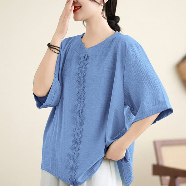 Buddha Stones V-Neck Half Sleeve Lace Trim Design Cotton Linen T-shirt Tee Women's T-Shirts BS 2