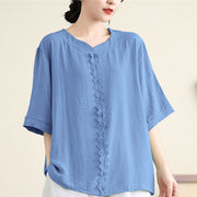 Buddha Stones V-Neck Half Sleeve Lace Trim Design Cotton Linen T-shirt Tee Women's T-Shirts BS 1