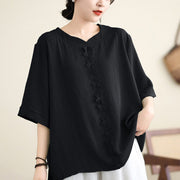 Buddha Stones V-Neck Half Sleeve Lace Trim Design Cotton Linen T-shirt Tee Women's T-Shirts BS Black F(Fit for US4-8/10; UK/AU8-12/14; EU36-40/42)