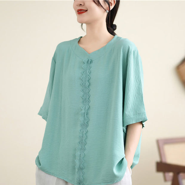 Buddha Stones V-Neck Half Sleeve Lace Trim Design Cotton Linen T-shirt Tee Women's T-Shirts BS 7