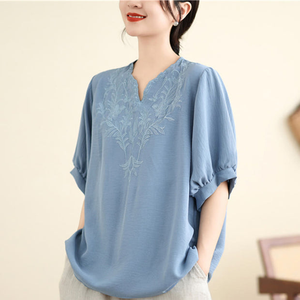 Buddha Stones Vintage Flowers Leaves Embroidery Half Sleeve Cotton Linen T-shirt Tee