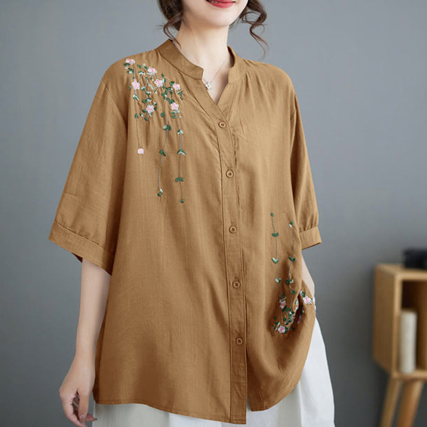 Buddha Stones Women's Button Down Flower Vines Embroidery Design Half Sleeve Cotton Shirt Women's Shirts BS PaleGoldenrod F(Fit for US4-8/10; UK/AU8-12/14; EU36-40/42)