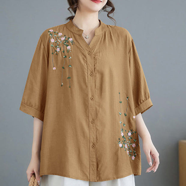 Buddha Stones Women's Button Down Flower Vines Embroidery Design Half Sleeve Cotton Shirt Women's Shirts BS 4