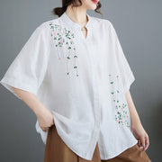 Buddha Stones Women's Button Down Flower Vines Embroidery Design Half Sleeve Cotton Shirt Women's Shirts BS 6