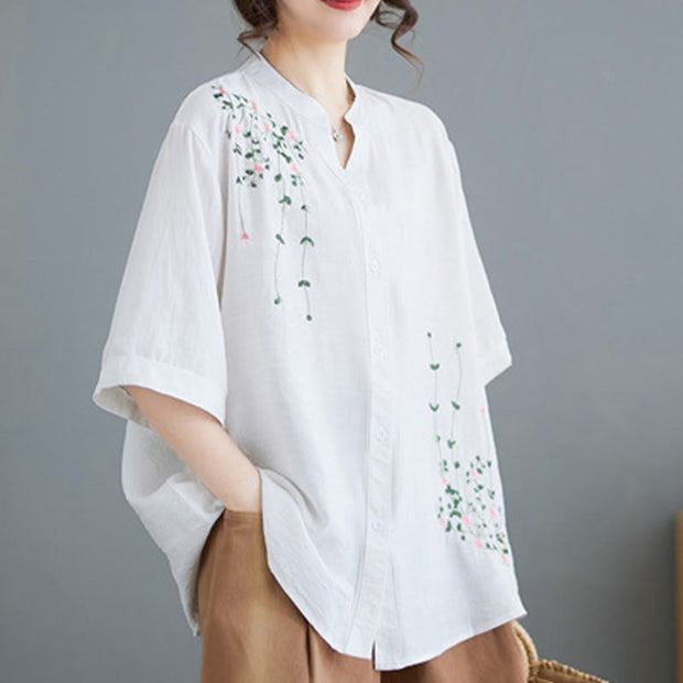 Buddha Stones Women's Button Down Flower Vines Embroidery Design Half Sleeve Cotton Shirt Women's Shirts BS 8