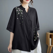 Buddha Stones Women's Button Down Flower Vines Embroidery Design Half Sleeve Cotton Shirt Women's Shirts BS Black F(Fit for US4-8/10; UK/AU8-12/14; EU36-40/42)