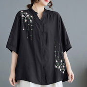 Buddha Stones Women's Button Down Flower Vines Embroidery Design Half Sleeve Cotton Shirt Women's Shirts BS 13