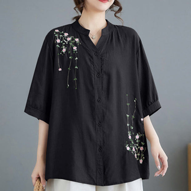 Buddha Stones Women's Button Down Flower Vines Embroidery Design Half Sleeve Cotton Shirt Women's Shirts BS 12