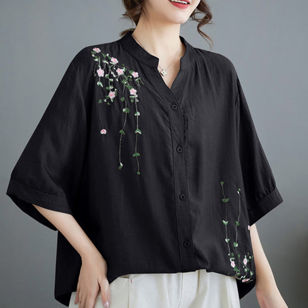 Buddha Stones Women's Button Down Flower Vines Embroidery Design Half Sleeve Cotton Shirt Women's Shirts BS 11