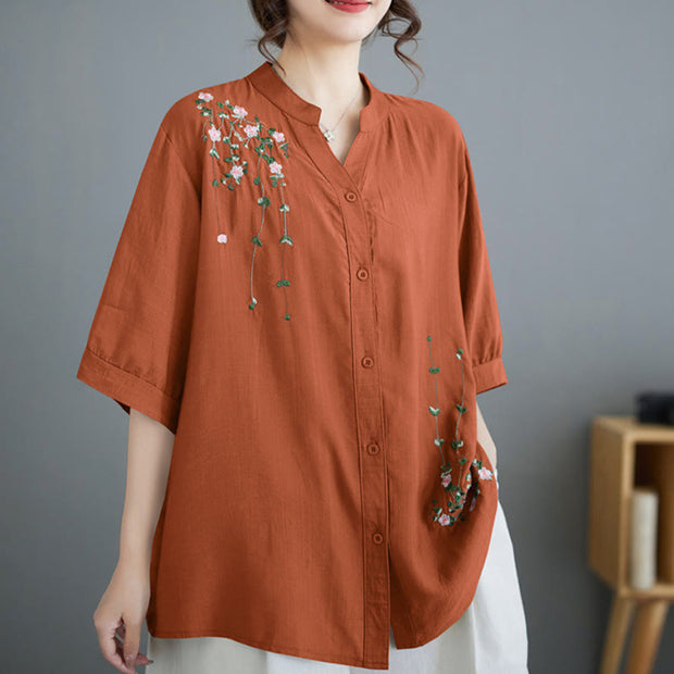 Buddha Stones Women's Button Down Flower Vines Embroidery Design Half Sleeve Cotton Shirt Women's Shirts BS DarkOrange F(Fit for US4-8/10; UK/AU8-12/14; EU36-40/42)