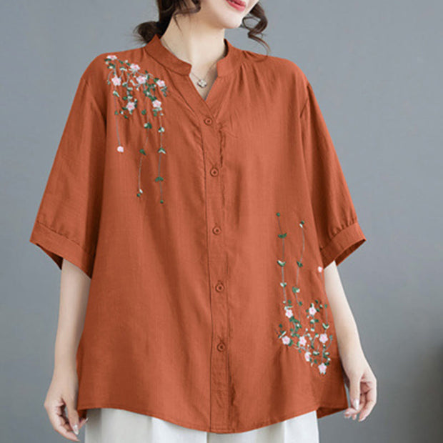 Buddha Stones Women's Button Down Flower Vines Embroidery Design Half Sleeve Cotton Shirt Women's Shirts BS 16