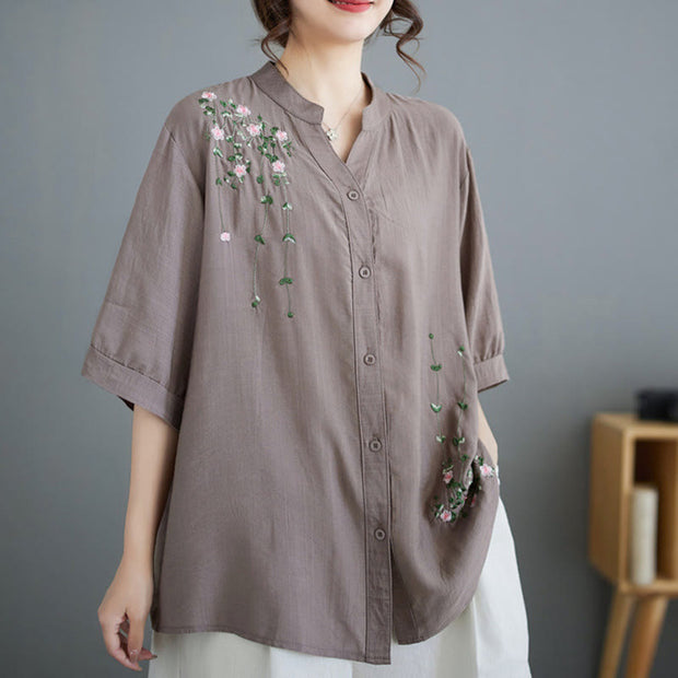 Buddha Stones Women's Button Down Flower Vines Embroidery Design Half Sleeve Cotton Shirt Women's Shirts BS Tan F(Fit for US4-8/10; UK/AU8-12/14; EU36-40/42)