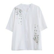 Buddha Stones Women's Button Down Flower Vines Embroidery Design Half Sleeve Cotton Shirt Women's Shirts BS 9