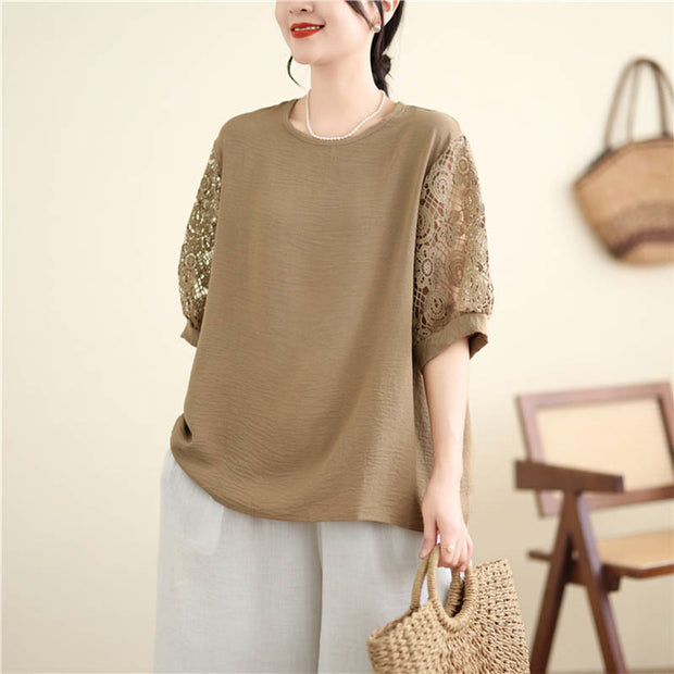 Buddha Stones Women's Lace Sleeve Design Crew Neck T-shirt Tee Women's T-Shirts BS 2