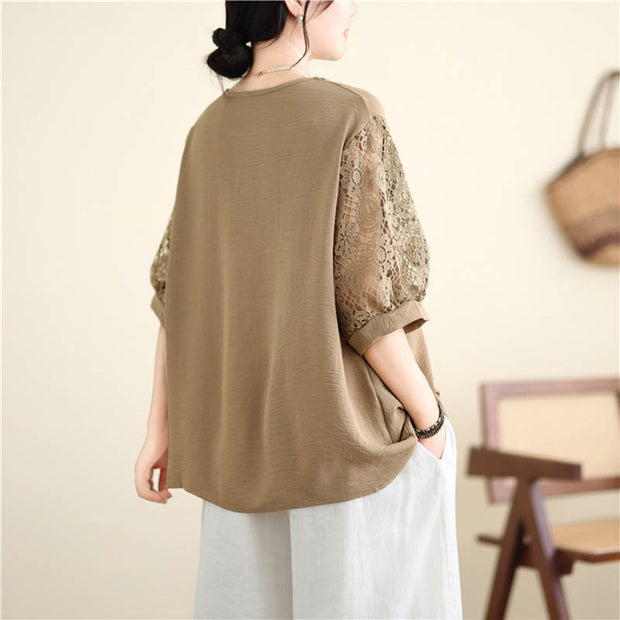 Buddha Stones Women's Lace Sleeve Design Crew Neck T-shirt Tee Women's T-Shirts BS 1