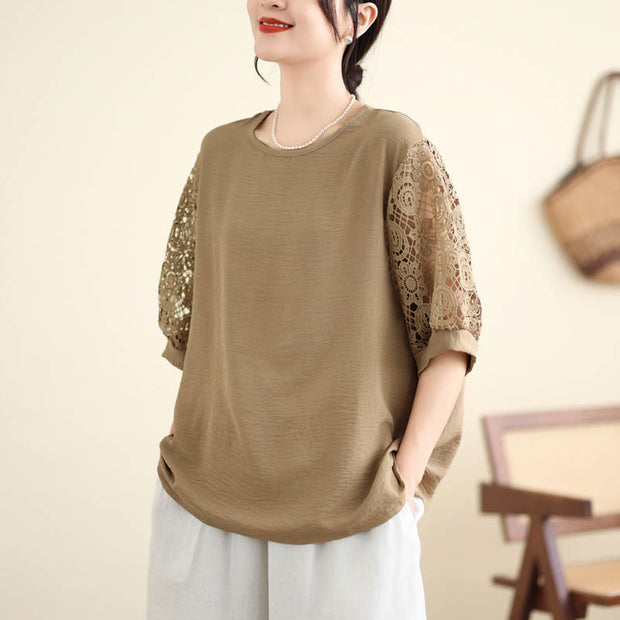 Buddha Stones Women's Lace Sleeve Design Crew Neck T-shirt Tee Women's T-Shirts BS 4