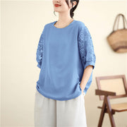 Buddha Stones Women's Lace Sleeve Design Crew Neck T-shirt Tee Women's T-Shirts BS 13