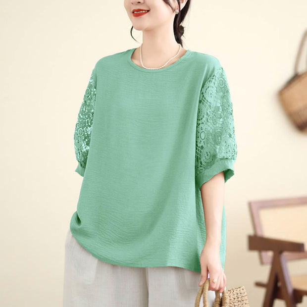 Buddha Stones Women's Lace Sleeve Design Crew Neck T-shirt Tee Women's T-Shirts BS LightGreen F(Fit for US4-6; UK/AU8-10; EU36-38)