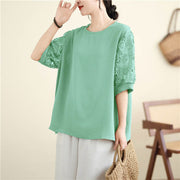 Buddha Stones Women's Lace Sleeve Design Crew Neck T-shirt Tee Women's T-Shirts BS 17