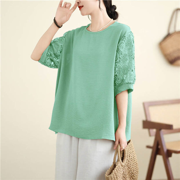 Buddha Stones Women's Lace Sleeve Design Crew Neck T-shirt Tee Women's T-Shirts BS 17