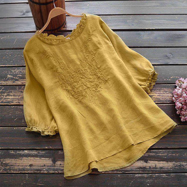 Buddha Stones Women's Flower Embroidery Design Crew Neck T-shirt Tee Women's T-Shirts BS LemonChiffon 4XL(Fit for US14; UK/AU18; EU46)