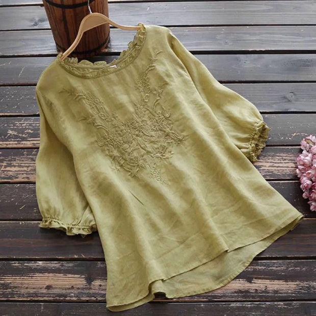 Buddha Stones Women's Flower Embroidery Design Crew Neck T-shirt Tee Women's T-Shirts BS YellowGreen 4XL(Fit for US14; UK/AU18; EU46)