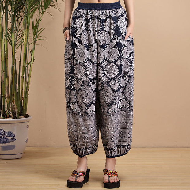 Buddha Stones Summer Blue And White Geometric Stripes Linen Pants With Pockets Women's Pants BS Horizontal Stripes Blue And White F(Fit for US4-6; UK/AU8-10; EU36-38)