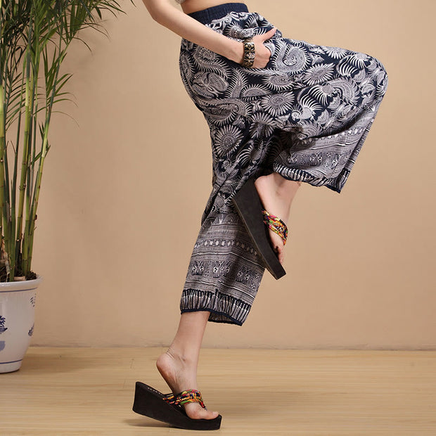 Buddha Stones Summer Blue And White Geometric Stripes Linen Pants With Pockets Women's Pants BS 6