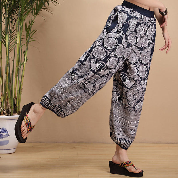 Buddha Stones Summer Blue And White Geometric Stripes Linen Pants With Pockets Women's Pants BS 1