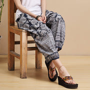 Buddha Stones Summer Blue And White Geometric Stripes Linen Pants With Pockets Women's Pants BS 4