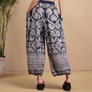 Buddha Stones Summer Blue And White Geometric Stripes Linen Pants With Pockets Women's Pants BS 2