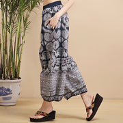 Buddha Stones Summer Blue And White Geometric Stripes Linen Pants With Pockets Women's Pants BS 3