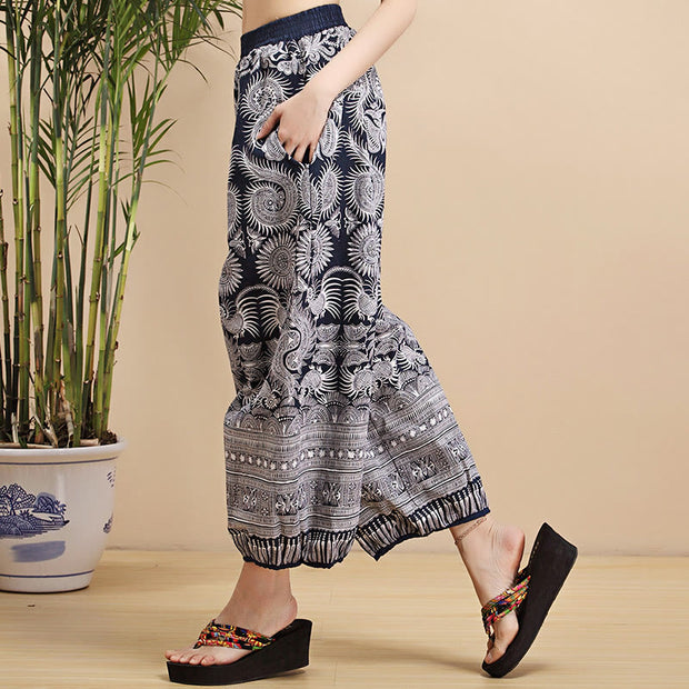 Buddha Stones Summer Blue And White Geometric Stripes Linen Pants With Pockets Women's Pants BS 3