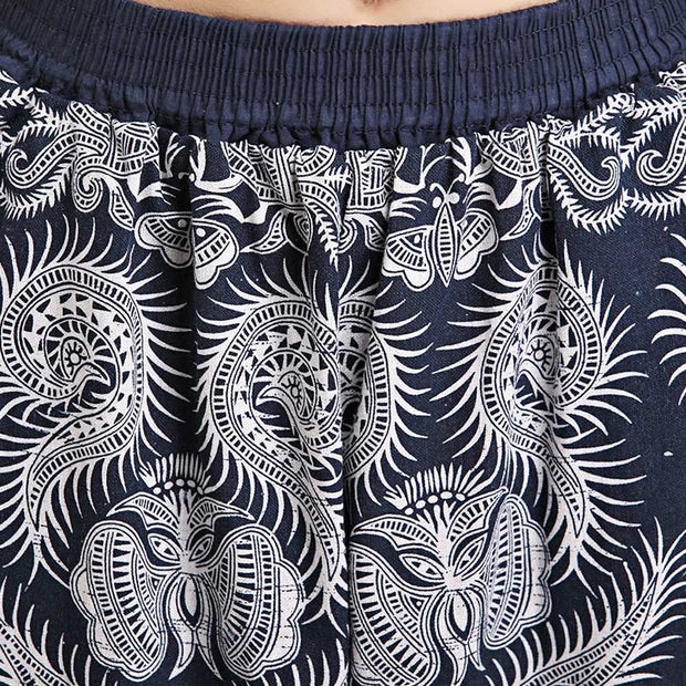 Buddha Stones Summer Blue And White Geometric Stripes Linen Pants With Pockets Women's Pants BS 10