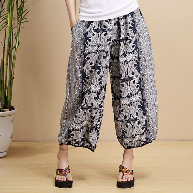 Buddha Stones Summer Blue And White Geometric Stripes Linen Pants With Pockets Women's Pants BS Vertical Stripes Blue And White F(Fit for US4-6; UK/AU8-10; EU36-38)