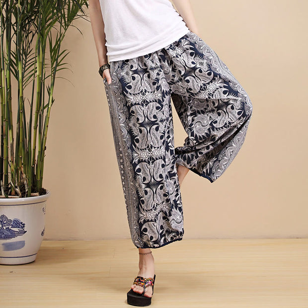 Buddha Stones Summer Blue And White Geometric Stripes Linen Pants With Pockets Women's Pants BS 16