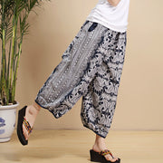 Buddha Stones Summer Blue And White Geometric Stripes Linen Pants With Pockets Women's Pants BS 14